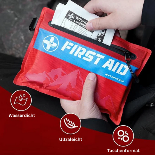 Wasserdichte, ultraleichte Erste-Hilfe-Tasche in Rot, kompakt für unterwegs.