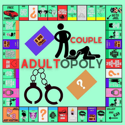 Brettspiel "Adultopoly" für Paare, humorvolles Design, grün, mit Handschellen-Motiv.