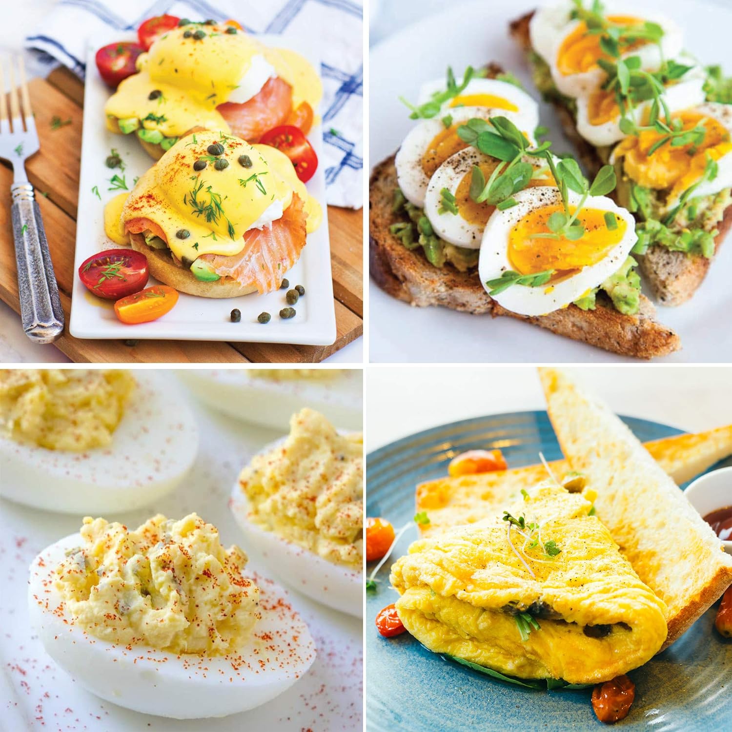 Vier Frühstücksgerichte mit Eiern, Avocado und Tomaten auf Tellern, appetitlich angerichtet.
