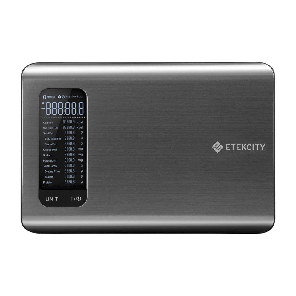 Etekcity digitale Küchenwaage, Edelstahl, Smart-Funktionen, LCD-Display, präzise Messung.