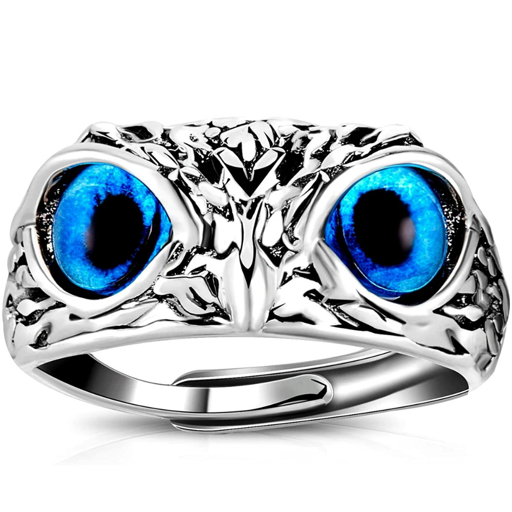 Silberner Eulenring mit blauen Augen, Edelstahl, Tiermotiv, Schmuck für Damen und Herren.