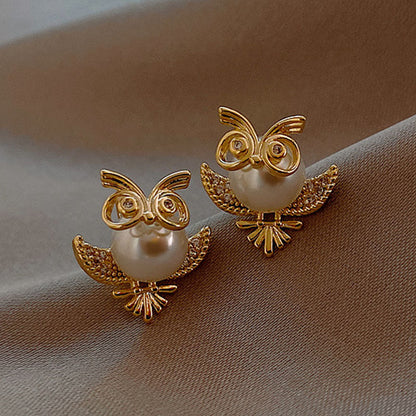 Goldene Eulen-Ohrringe mit Perlen, Damen-Schmuck, modisch, Tierdesign, Strass, elegant.