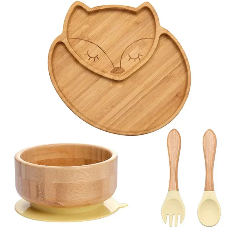 Bambus Kindergeschirr Set Eule Design, Teller, Schüssel, Besteck, umweltfreundlich, rutschfest.