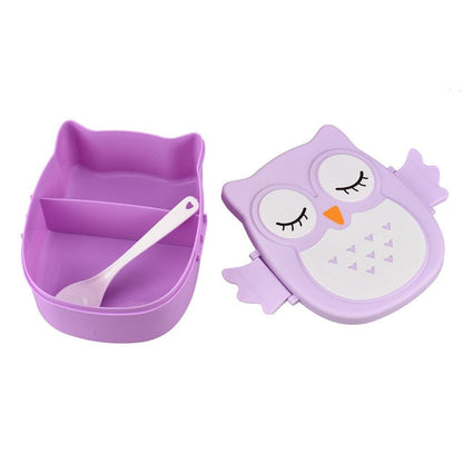 Lila Eulen-Brotdose aus Kunststoff mit Löffel, Bento-Box für Kinder, Lunchbox-Design.