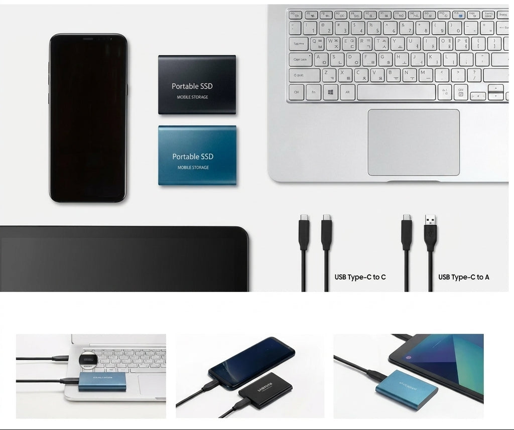 Två SSD-enheter bredvid mobil, laptop och surfplatta tillsammans med två USB-C-kablar, samt tre bilder på anslutning 5