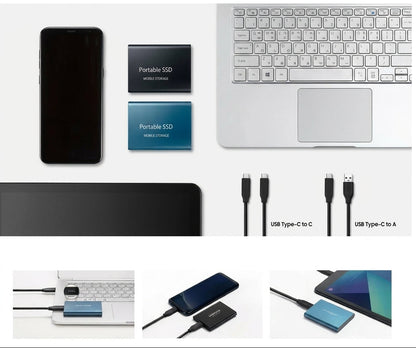 Två SSD-enheter bredvid mobil, laptop och surfplatta tillsammans med två USB-C-kablar, samt tre bilder på anslutning 5
