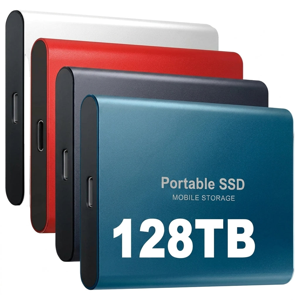 Fyra bärbara SSD-enheter i silver, rött, mörkblått och blått, uppställda i en rad med USB-C-portarna vända framåt. 1