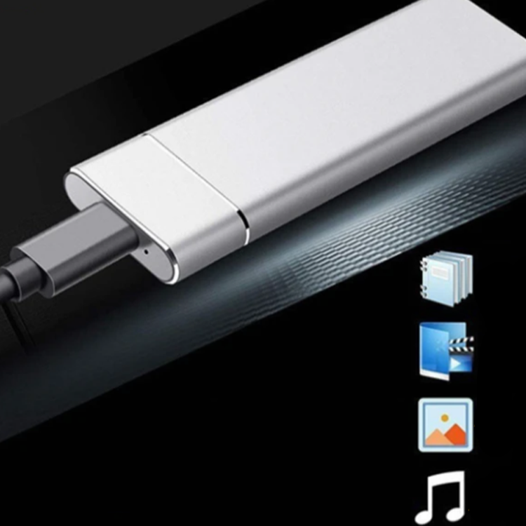 Externe SSD-Festplatte, silber, USB-C-Anschluss, tragbar, schnelle Datenübertragung.
