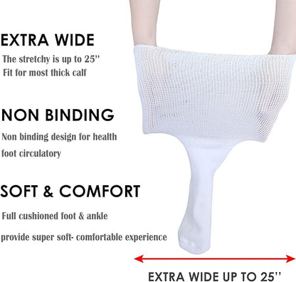 Extra breite, elastische weiße Kompressionssocke für dicke Waden, bequem und gesundheitsfördernd.