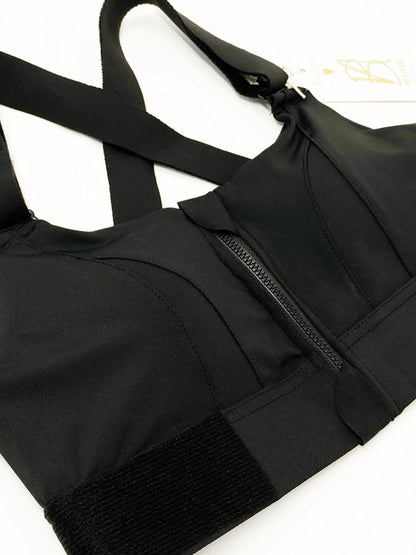 Schwarzer Sport-BH mit Reißverschluss, hoher Halt, Damen-Fitnessbekleidung, atmungsaktiv.