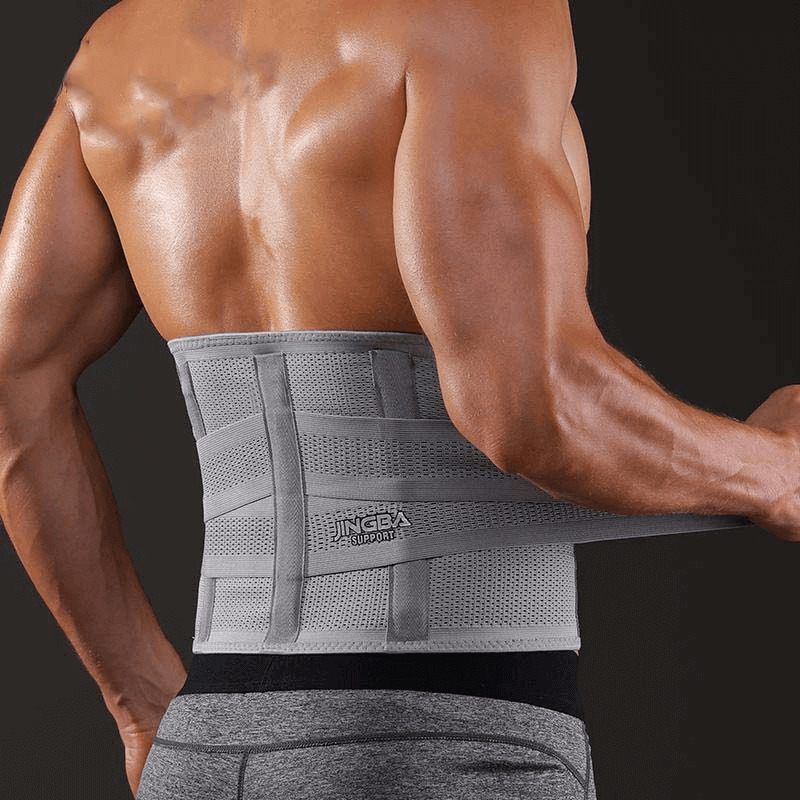 Grauer Rückenstützgürtel für Männer, verstellbar, atmungsaktiv, Fitness, Lendenwirbelstütze.