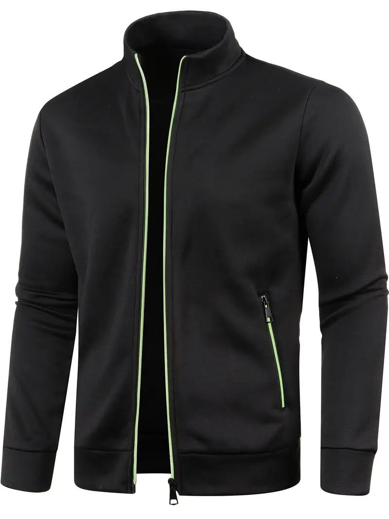 Schwarze Herren-Trainingsjacke mit grünem Reißverschluss, sportlich, atmungsaktiv, Polyester.