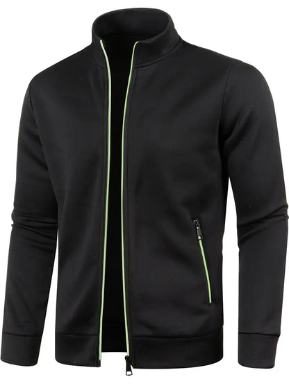 Schwarze Herren-Trainingsjacke mit grünem Reißverschluss, sportlich, atmungsaktiv, Polyester.