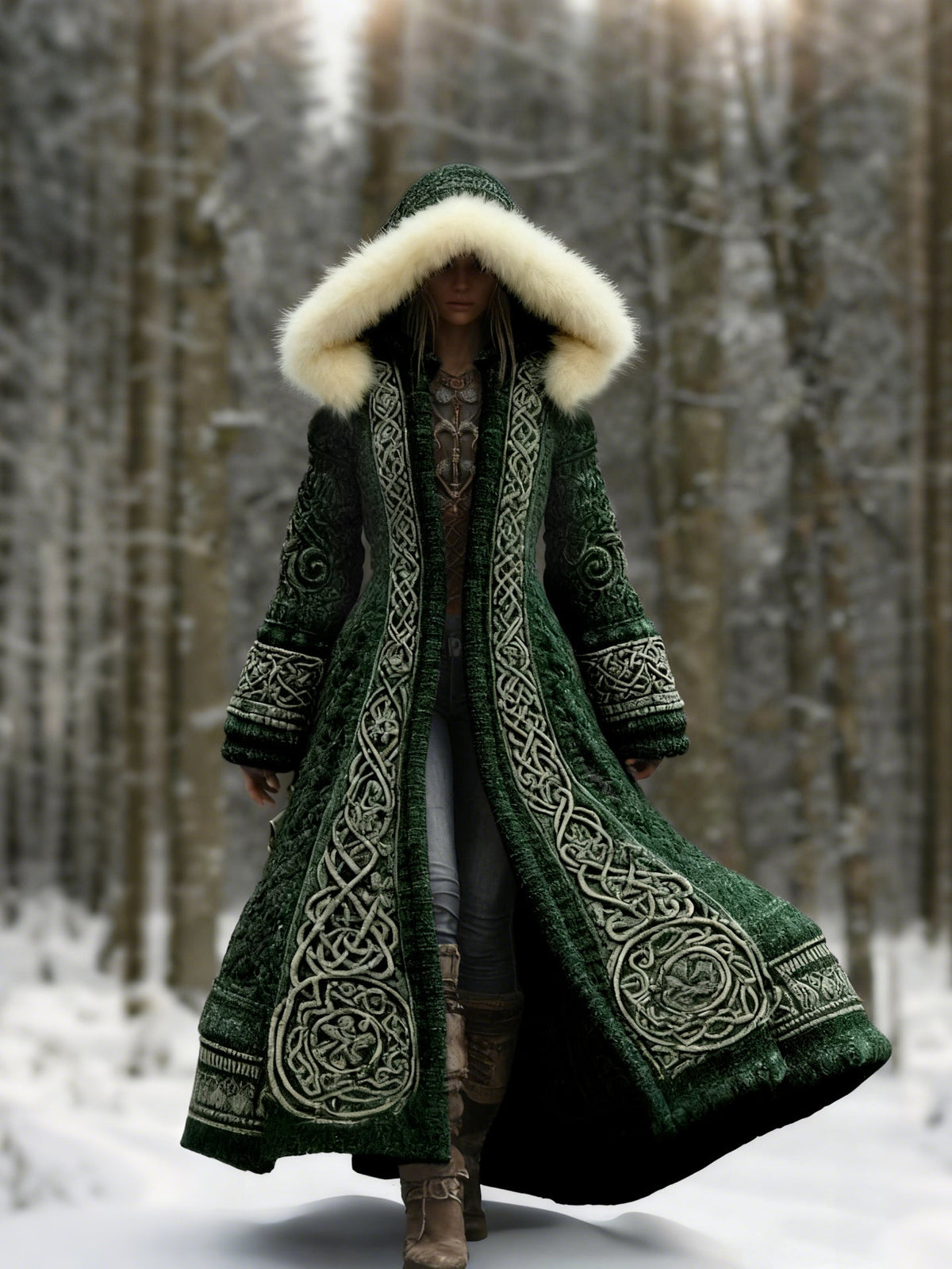Mörkgrön version av kappan med pälskantad huva och broderade mönsterbårder, buren i snöig skog 3