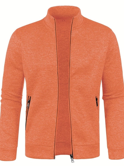 Orange Herrenjacke, Reißverschluss, Stehkragen, Freizeitmode, Baumwolle, Herbstbekleidung.