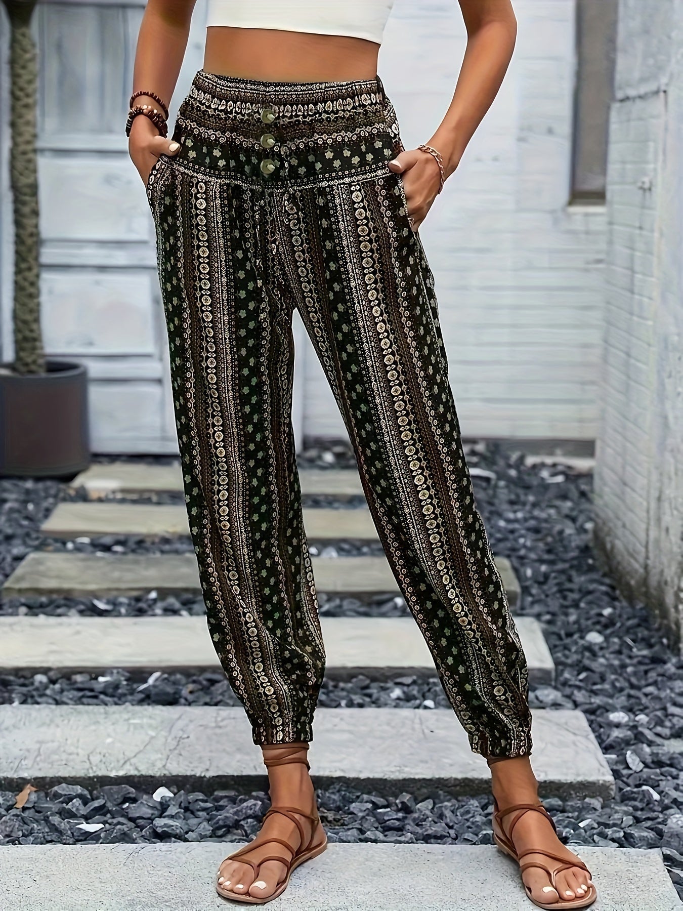 Boho Högmidjade Dambyxor med tryck och smockad midja – Linara