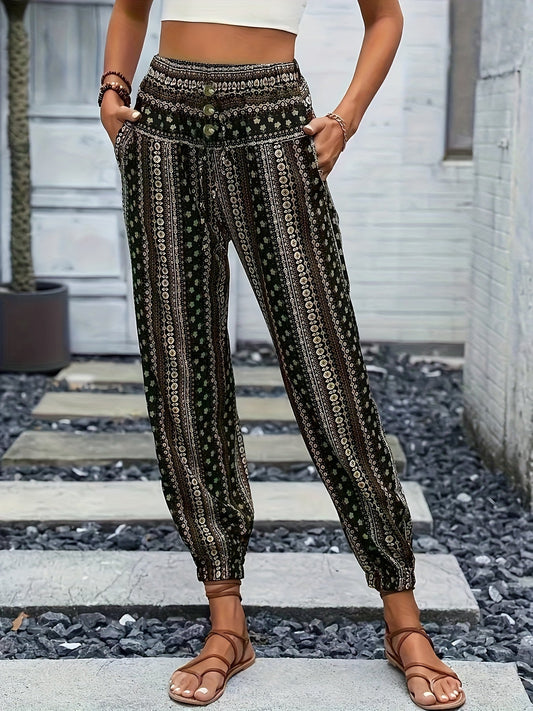 Boho Högmidjade Dambyxor med tryck och smockad midja – Linara
