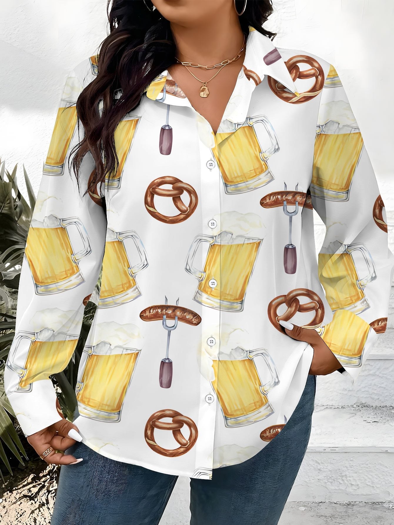 Dam Plus Size-blus med heltryck – Greta Oktoberfest 2026
