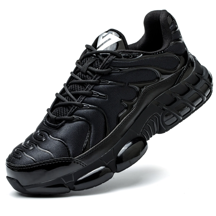 Schwarzer Sneaker, futuristisches Design, atmungsaktives Mesh, rutschfeste Sohle, Herrenmode.