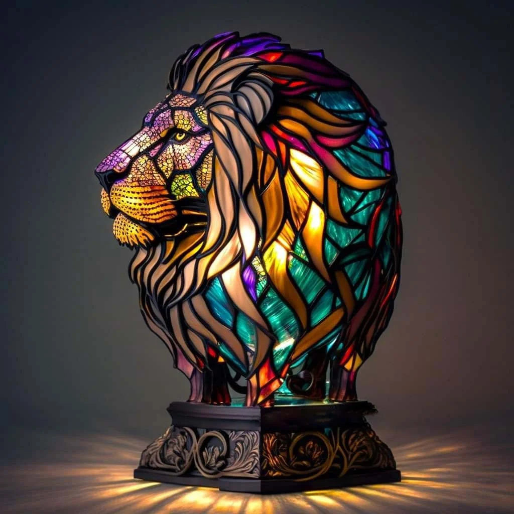 Buntes Löwen-Nachtlicht aus Glas, dekorative Tischlampe, farbenfrohes Mosaikdesign.