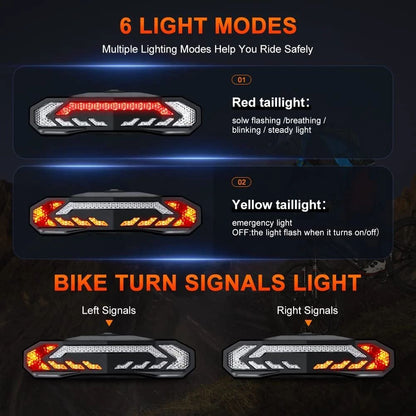 Fahrrad-Rücklicht mit 6 Lichtmodi, rot und gelb, Blinker, Sicherheitsbeleuchtung.