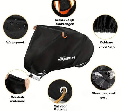 Wasserdichte Fahrradabdeckung, schwarz, strapazierfähig, mit Schlossöffnung und Sturmriemen.