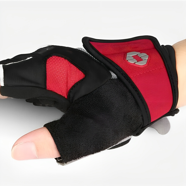 Schwarzer und roter Fahrradhandschuh, gepolstert, atmungsaktiv, für Radsport und Fitness.