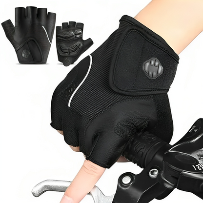 Schwarze Fahrradhandschuhe, rutschfest, atmungsaktiv, für Radsport, mit Klettverschluss.