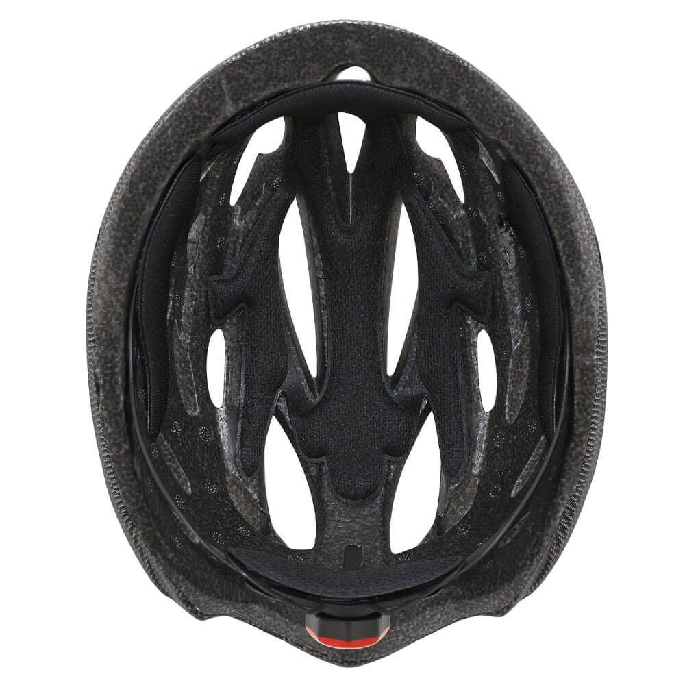 Schwarzer Fahrradhelm, Innenseite, Belüftungsschlitze, stoßdämpfend, sicherheitsgeprüft.
