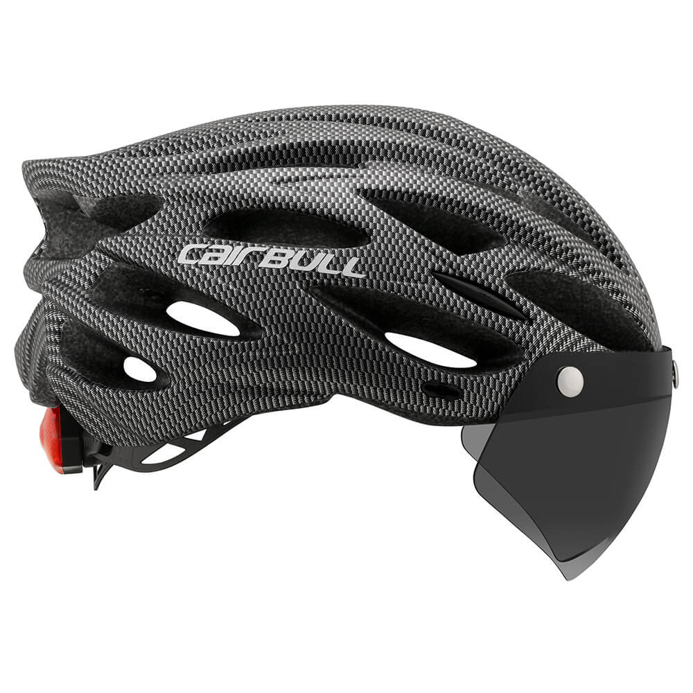 Schwarzer Fahrradhelm mit Visier, aerodynamisches Design, leicht, sicherheitsgeprüft.