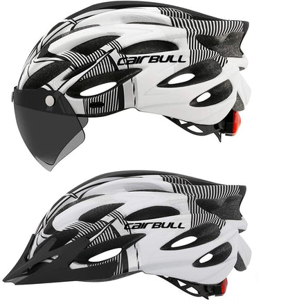 Weißer Fahrradhelm mit Visier, aerodynamisches Design, Belüftungslöcher, Airbull-Logo.