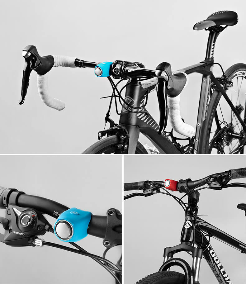 Rennrad mit blauem Fahrradlicht, Shimano-Schaltung, schwarzer Rahmen, weißer Lenkerband.