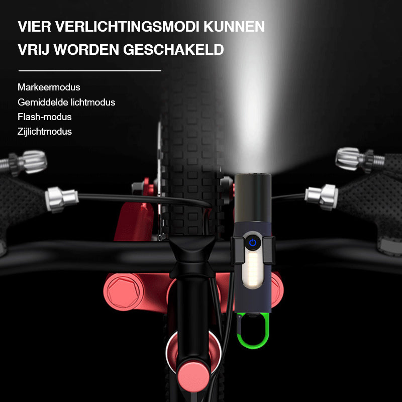 Schwarzes Fahrradlicht mit vier Modi, USB-aufladbar, wasserdicht, für sicheres Radfahren.