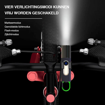 Schwarzes Fahrradlicht mit vier Modi, USB-aufladbar, wasserdicht, für sicheres Radfahren.