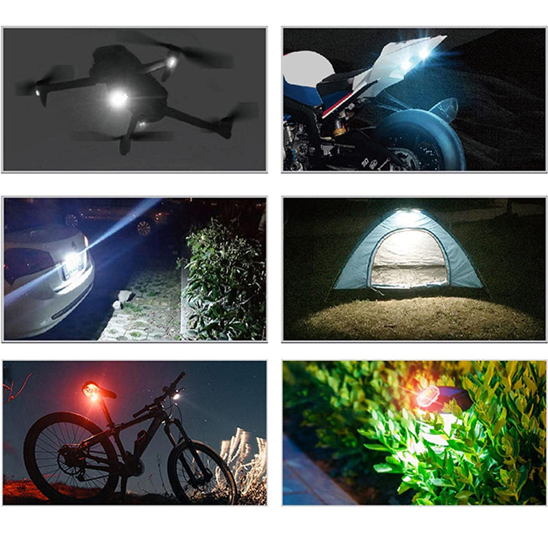 Sechs Bilder mit LED-Lichtern: Drohne, Motorrad, Auto, Zelt, Fahrrad, Gartenbeleuchtung.