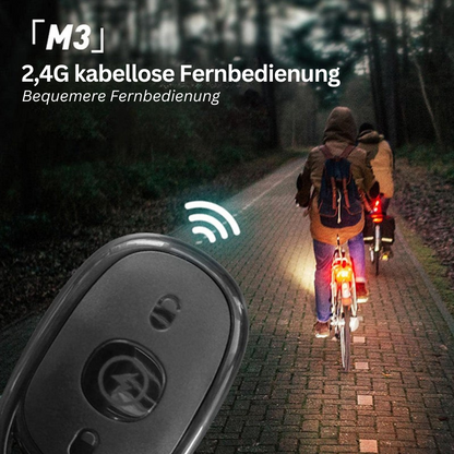 Fahrradlicht mit 2,4G kabelloser Fernbedienung, LED, Nachtfahrt, Sicherheit, schwarz.