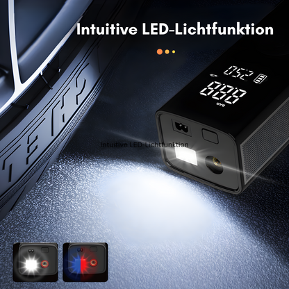 Tragbare elektrische Fahrradpumpe mit LED-Licht, digitalem Display, schwarz.