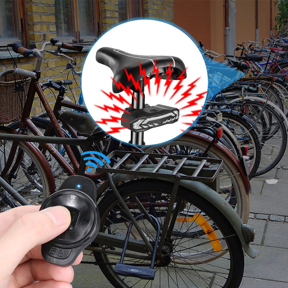 Fahrradalarm mit Fernbedienung, Diebstahlschutz, schwarz, auf Fahrrad montiert.