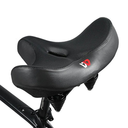 Schwarzer ergonomischer Fahrradsattel, gepolstert, mit Federung, ideal für Komfort und Stabilität.