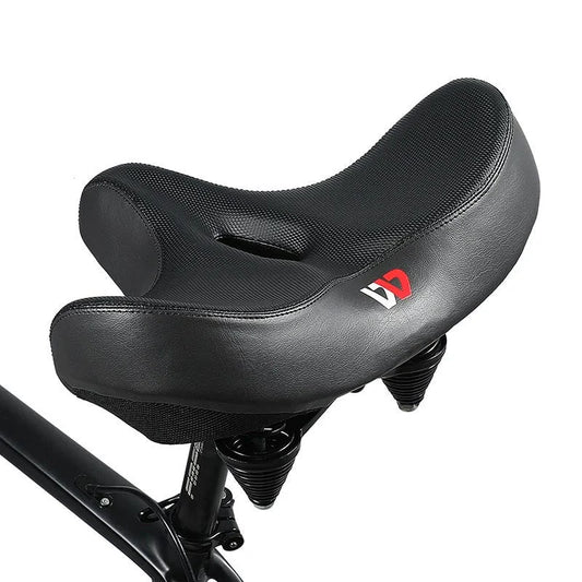 Schwarzer ergonomischer Fahrradsattel, gepolstert, mit Federung, ideal für Komfort und Stabilität.