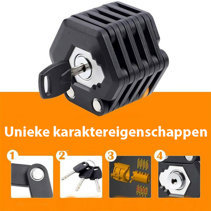 Schwarzes Faltschloss mit Schlüssel, Diebstahlschutz, Fahrradschloss, robust, kompakt, sicher.
