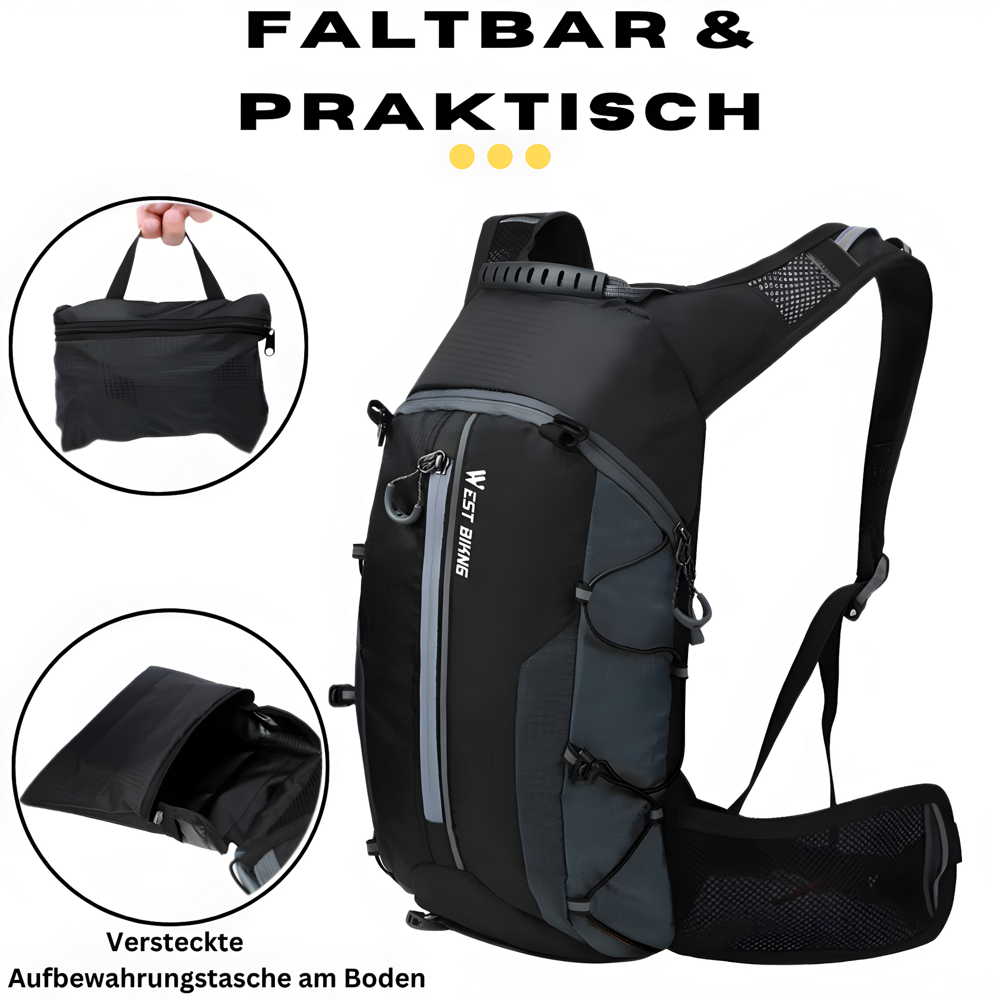 Schwarzer faltbarer Fahrradrucksack, wasserdicht, mit versteckter Aufbewahrungstasche.