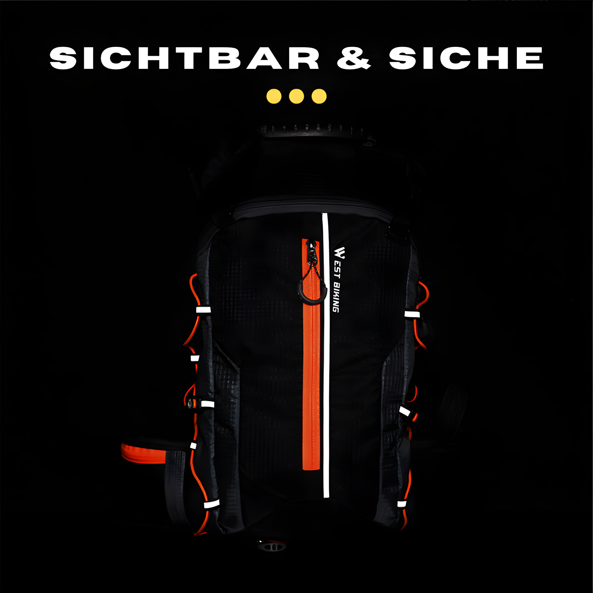 Schwarzer Fahrradtasche Rucksack mit reflektierenden Streifen, orange Akzente, West Biking.