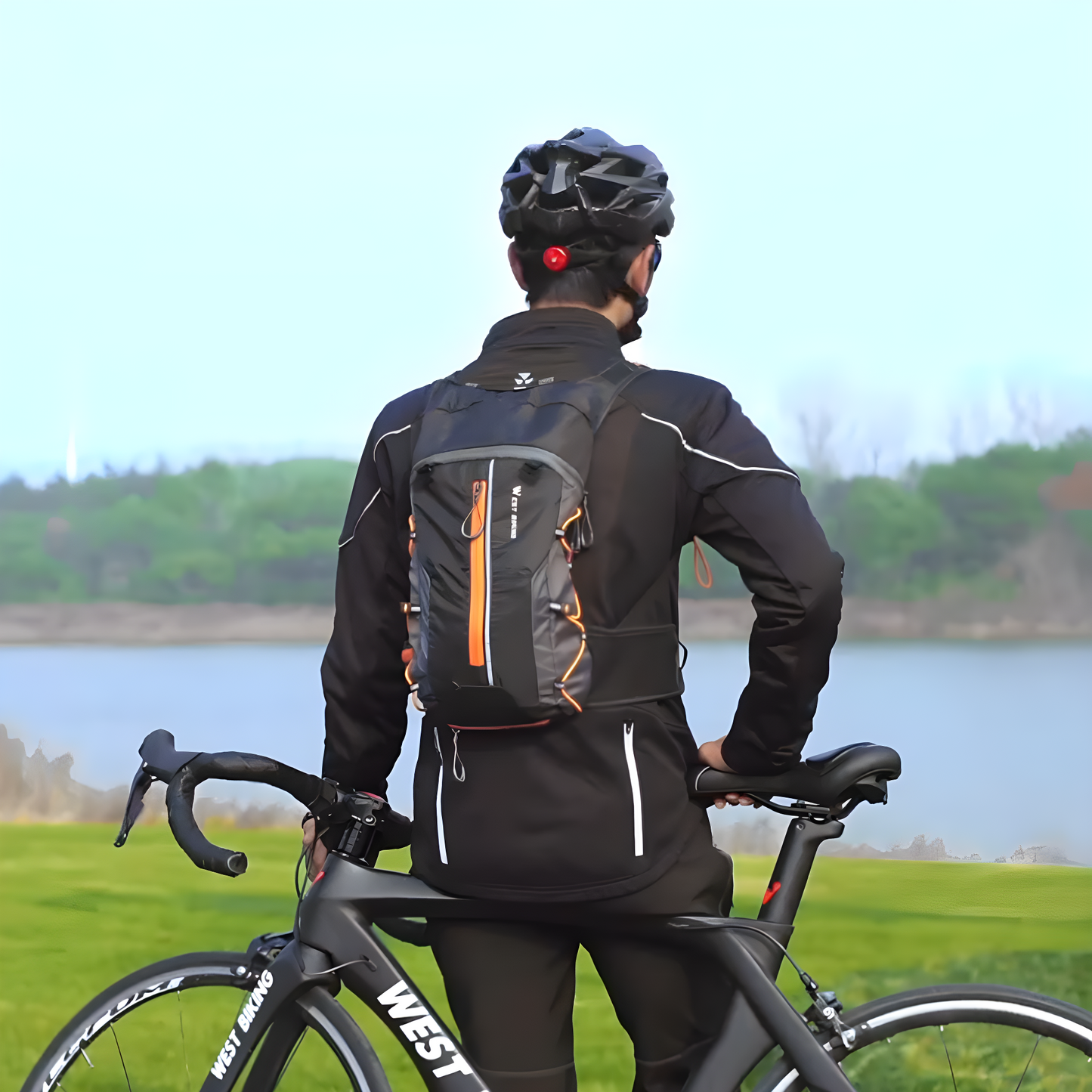 Fahrradrucksack schwarz-orange, wasserdicht, für Radfahrer, Outdoor-Aktivitäten, Herren.