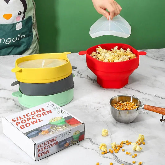 Rote faltbare Silikon-Popcornschüssel mit Deckel, ideal für Mikrowelle, große Kapazität.