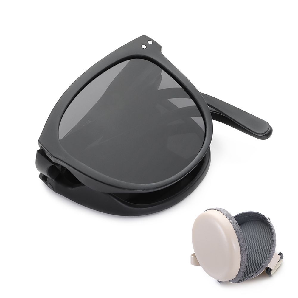 Schwarze faltbare Sonnenbrille mit Etui, UV-Schutz, modisch, kompakt, Reiseaccessoire.