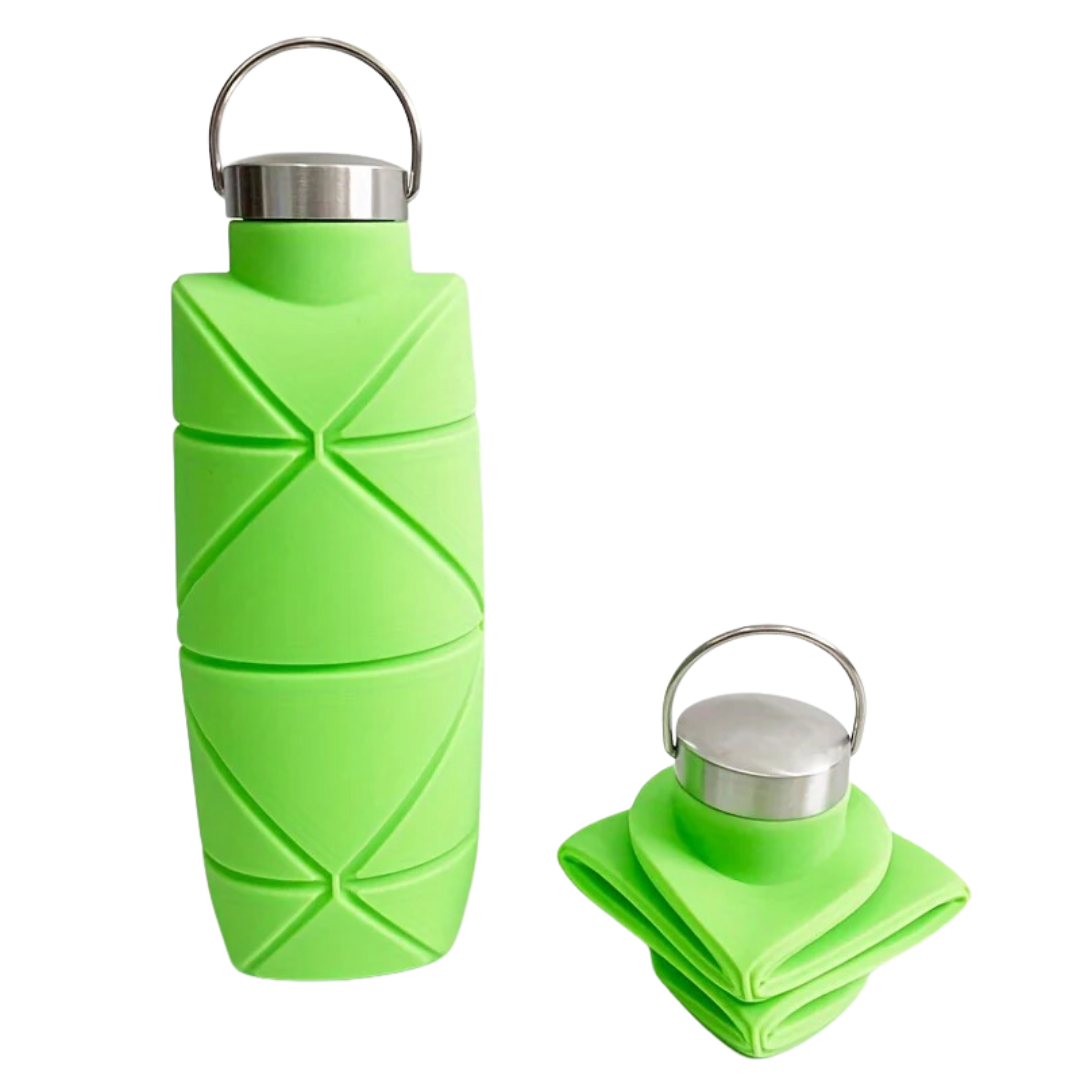 Grüne faltbare Silikon-Wasserflasche mit Edelstahlverschluss, platzsparend, umweltfreundlich.