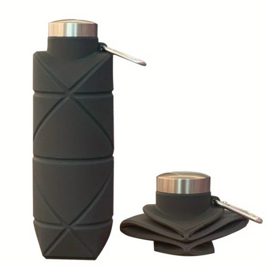 Schwarze faltbare Silikon-Wasserflasche mit Karabiner, platzsparend, umweltfreundlich.