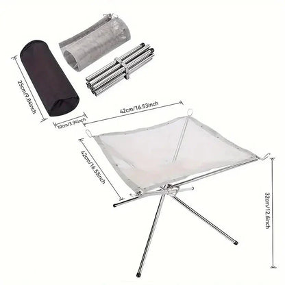 Tragbarer faltbarer Feuerstellen-Grill aus Edelstahl, kompakt, leicht, ideal für Camping.