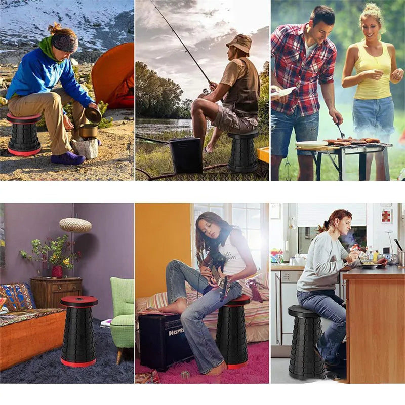 Zusammenklappbarer Hocker, schwarz-rot, tragbar, Camping, Angeln, Outdoor, kompakt, leicht.